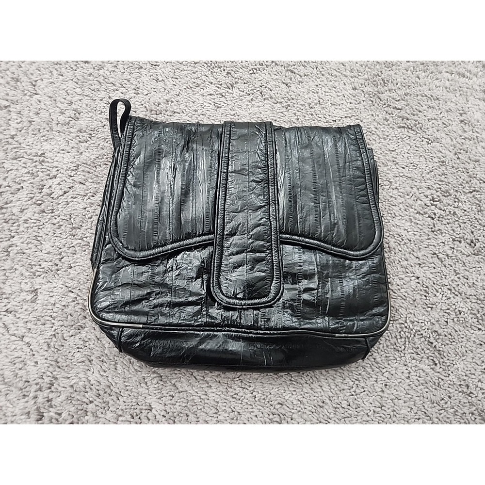Vintage Eel Skin Shoulder Bag Womens Medium Black Vintage Textured Flap Purse